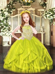 Floor Length Zipper Pageant Dress for Teens Yellow Green for Party and Quinceanera with Beading and Ruffles