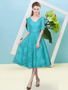 Exquisite Teal Half Sleeves Tea Length Bowknot Lace Up Court Dresses for Sweet 16