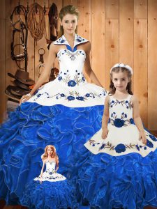 Blue Sleeveless Embroidery and Ruffles Floor Length Quinceanera Gowns