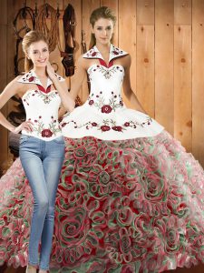 Fantastic Halter Top Sleeveless Sweet 16 Dresses Sweep Train Embroidery Multi-color Fabric With Rolling Flowers