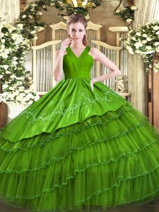 Exceptional Olive Green Satin and Organza Zipper V-neck Sleeveless Floor Length Quince Ball Gowns Embroidery and Ruffled Layers
