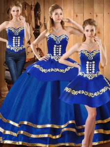 Sleeveless Floor Length Embroidery Lace Up Sweet 16 Quinceanera Dress with Blue