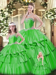 Most Popular Sleeveless Floor Length Beading and Ruffled Layers Lace Up Sweet 16 Dress with Green