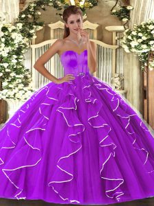 Noble Eggplant Purple Ball Gowns Beading and Ruffles Quinceanera Gowns Lace Up Organza Sleeveless Floor Length