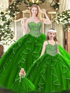 Enchanting Green Lace Up Sweetheart Beading and Ruffles Sweet 16 Quinceanera Dress Tulle Sleeveless