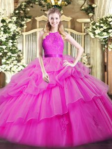 Lace and Ruffled Layers Quinceanera Gown Fuchsia Zipper Sleeveless Floor Length