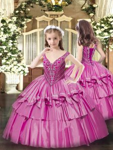 Organza V-neck Sleeveless Lace Up Beading and Ruffled Layers Pageant Gowns For Girls in Fuchsia
