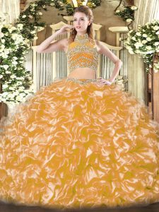 Sweet Gold Ball Gown Prom Dress Military Ball and Sweet 16 and Quinceanera with Beading and Ruffles High-neck Sleeveless Backless