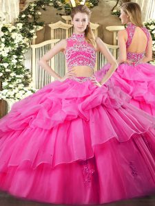 Deluxe Hot Pink Tulle Backless Quinceanera Dresses Sleeveless Floor Length Beading and Ruffles and Pick Ups