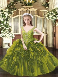 Nice Olive Green Organza Lace Up Little Girls Pageant Dress Sleeveless Floor Length Beading and Ruffles