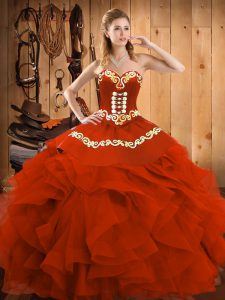 Sweetheart Sleeveless Satin and Organza Quinceanera Dress Embroidery and Ruffles Lace Up