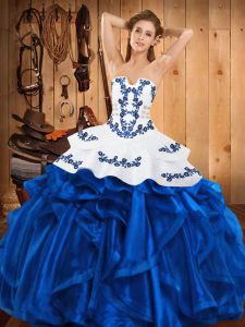 Graceful Sleeveless Satin and Organza Floor Length Lace Up Sweet 16 Quinceanera Dress in Blue with Embroidery and Ruffles