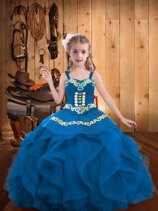 Cheap Floor Length Blue Little Girl Pageant Gowns Straps Sleeveless Lace Up