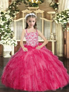 Floor Length Lace Up Little Girl Pageant Gowns Hot Pink for Party and Sweet 16 and Quinceanera and Wedding Party with Beading and Ruffles