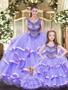 Sumptuous Lilac Scoop Neckline Beading and Ruffled Layers 15th Birthday Dress Sleeveless Lace Up