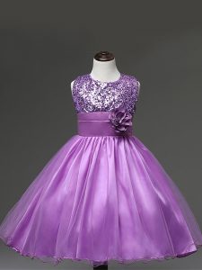 Ball Gowns Kids Formal Wear Lilac Scoop Tulle Sleeveless Knee Length Zipper
