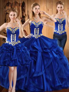 Royal Blue Ball Gowns Organza Sweetheart Sleeveless Embroidery and Ruffles Floor Length Lace Up Quince Ball Gowns
