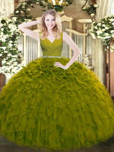 Olive Green Sleeveless Beading and Ruffles Floor Length Quinceanera Dresses