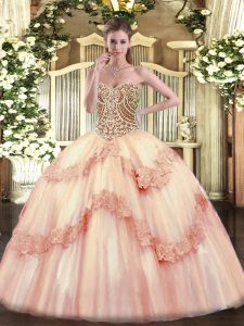 Affordable Tulle Sweetheart Sleeveless Lace Up Beading and Appliques Vestidos de Quinceanera in Pink