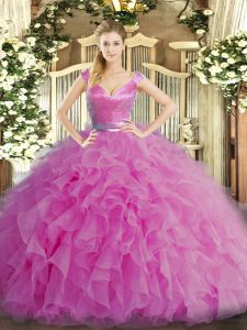 Vintage Ball Gowns Quinceanera Gown Lilac V-neck Organza Sleeveless Floor Length Zipper
