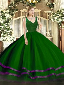 Sleeveless Floor Length Beading and Lace and Ruffled Layers Backless Quinceanera Gown with Dark Green