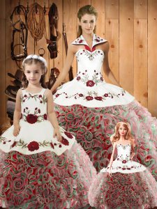 Halter Top Sleeveless Satin and Fabric With Rolling Flowers Quinceanera Dresses Embroidery Lace Up
