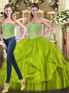 Fancy Sweetheart Sleeveless 15 Quinceanera Dress Floor Length Beading and Ruffles Olive Green Organza