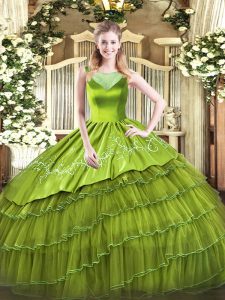 High End Olive Green Scoop Neckline Beading and Embroidery Vestidos de Quinceanera Sleeveless Side Zipper