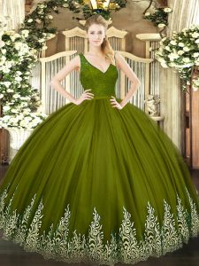 Sleeveless Tulle Floor Length Zipper Quinceanera Gowns in Olive Green with Beading and Ruffled Layers