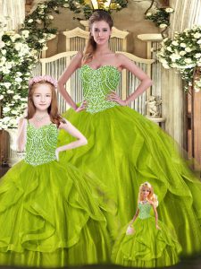 Amazing Olive Green Ball Gowns Sweetheart Sleeveless Organza Floor Length Lace Up Beading and Ruffles 15th Birthday Dress