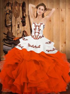 Hot Sale Orange Red Satin and Organza Lace Up Strapless Sleeveless Floor Length 15 Quinceanera Dress Embroidery and Ruffles
