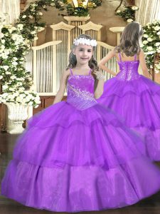 Glorious Organza Straps Sleeveless Lace Up Beading and Ruffled Layers Pageant Dress Toddler in Purple