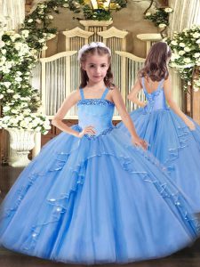Baby Blue Lace Up Straps Appliques and Ruffles Girls Pageant Dresses Organza Sleeveless