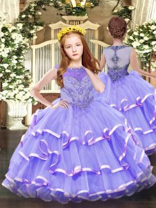 Lavender Little Girls Pageant Dress Wholesale Party and Quinceanera with Beading and Ruffled Layers Scoop Sleeveless Zipper