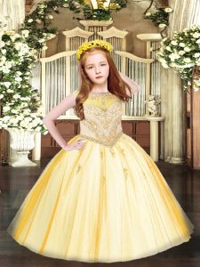 Inexpensive Gold Sleeveless Tulle Zipper Little Girls Pageant Gowns for Party and Quinceanera