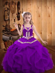 Eggplant Purple Straps Lace Up Embroidery and Ruffles Little Girls Pageant Gowns Sleeveless