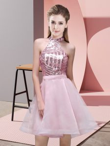 On Sale Chiffon Halter Top Sleeveless Backless Sequins Court Dresses for Sweet 16 in Pink