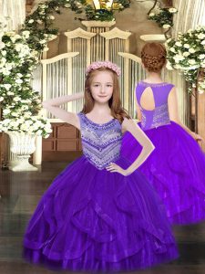 Beading and Ruffles Child Pageant Dress Purple Lace Up Sleeveless Floor Length