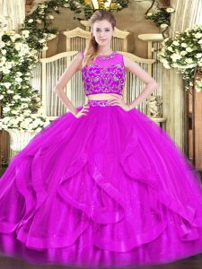 Fine Scoop Sleeveless Tulle Quinceanera Gown Beading and Ruffles Zipper