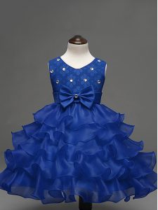 Lace and Ruffled Layers and Bowknot Pageant Dress for Teens Royal Blue Zipper Sleeveless Knee Length