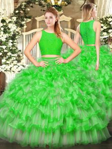 Sleeveless Floor Length Ruffled Layers Zipper Sweet 16 Dress with Green