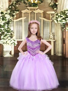 Lilac Ball Gowns Organza Scoop Sleeveless Beading Floor Length Lace Up Pageant Dress