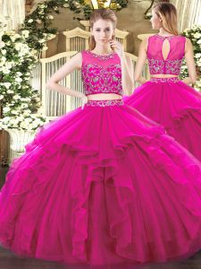 Fuchsia Quinceanera Dress Military Ball and Sweet 16 and Quinceanera with Beading and Ruffles Scoop Sleeveless Zipper