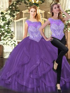 Purple Zipper Scoop Beading and Ruffles 15 Quinceanera Dress Organza Sleeveless