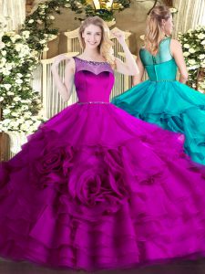 Sleeveless Organza Floor Length Zipper Quinceanera Dress in Fuchsia with Beading and Ruffled Layers