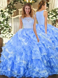 Light Blue Sleeveless Organza Clasp Handle Military Ball Gowns for Military Ball and Sweet 16 and Quinceanera