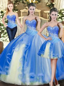 Baby Blue Tulle Lace Up Sweet 16 Dresses Sleeveless Floor Length Beading