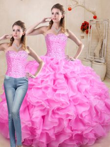 Free and Easy Floor Length Lace Up Quinceanera Dress Rose Pink for Sweet 16 and Quinceanera with Beading and Ruffles