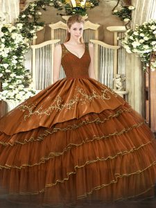 Brown Zipper V-neck Beading and Embroidery and Ruffled Layers Sweet 16 Dresses Satin and Tulle Sleeveless