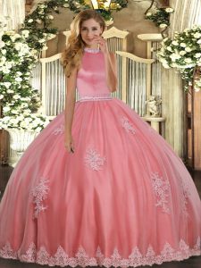 Sweet Halter Top Sleeveless Tulle Quinceanera Gowns Beading and Appliques Backless